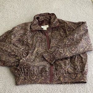 Bogari Womens Vtg Lightweight Silk Jacket Burgundy Green Zip Up L Bomber 80s 90s